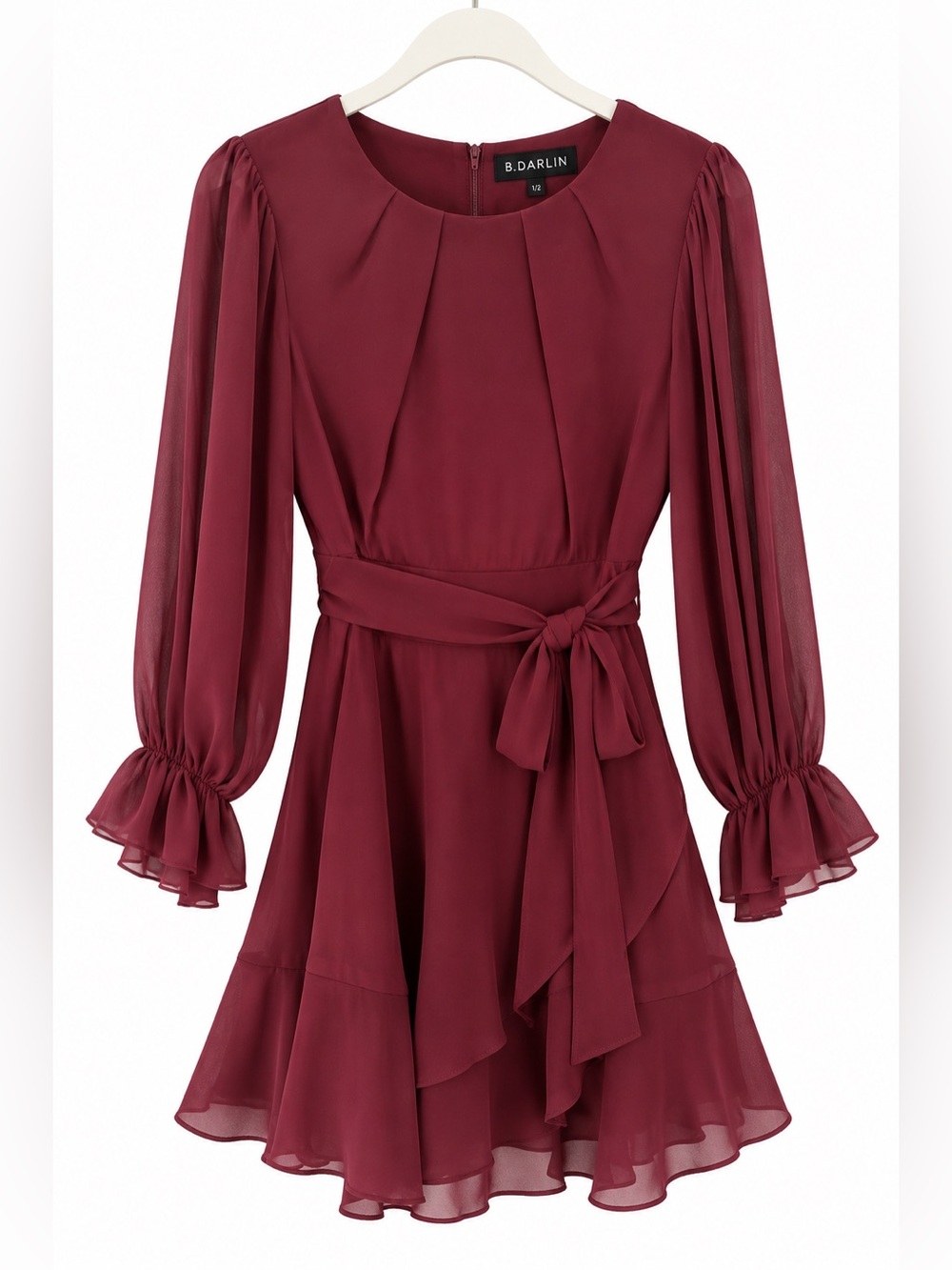 B. Darlin Wine Burgundy Faux Wrap Ruffle Sleeve Dress 1/2 NWT